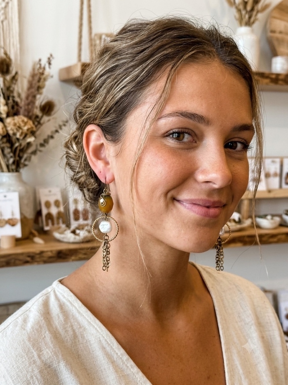 Bohemian Gemstone Pearl & Amber Bead Earrings Dangle Earrings
